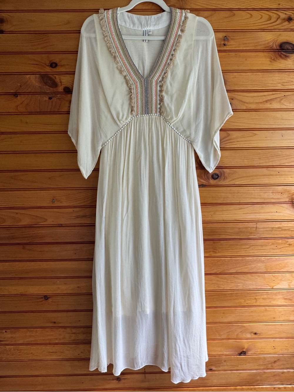 BL-nk London Anthropologie Boho Kaftan Midi Dress Embroidered Fringe Cream S - Picture 2 of 15
